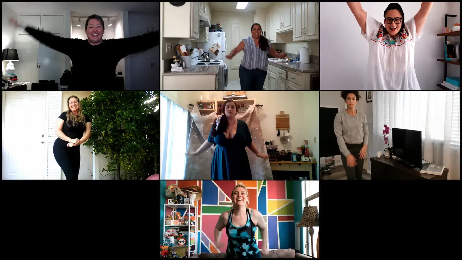Guests dancing in their homes during a virtual dance party over video call